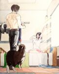  1boy 1girl absurdres angelo_(ff8) arm_up back bed black_hair brown_hair clothes_hanger dog final_fantasy final_fantasy_viii highres holding holding_plate implied_after_sex numao_yorozu open_mouth plate rinoa_heartilly scratches squall_leonhart stretching sunlight topless_male window yawning 
