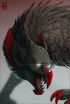  2016 avian beak black_feathers black_fur claws digital_media_(artwork) feathers fur gryphon open_mouth shinerai teeth tongue white_eyes 