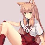  animal_ear_fluff animal_ears arm_support bangs blonde_hair breasts commentary_request eyebrows_visible_through_hair fate/extra fate/extra_ccc fate/extra_ccc_fox_tail fate_(series) fox_ears grin hair_between_eyes hakama japanese_clothes knees_up kurokage long_hair looking_at_viewer medium_breasts neck_ribbon pleated_skirt red_hakama red_legwear red_ribbon red_skirt ribbon short_sleeves sidelocks simple_background sitting skirt smile socks solo suzuka_gozen_(fate) teeth twitter_username wristband yellow_eyes 
