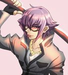 flipped_hair grin jewelry looking_at_viewer male_focus mirokuji_yuuya popped_collar purple_hair re:creators simple_background smile solo sunglasses sword thumb_ring weapon 
