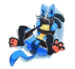  2016 anthro bdsm black_fur blue_fur bondage bound bulge butt canine crotch_grab digital_drawing_(artwork) digital_media_(artwork) disembodied_hand duo featureless_crotch fur grope hicanyoumooforme lucario male mammal muzzle_(object) muzzled nintendo nude pawpads pink_pawpads pok&eacute;mon simple_background struggling text video_games white_background yellow_eyes yellow_fur 