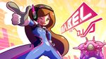  1girl arm_cannon artist_name blue_bodysuit bodysuit brown_eyes brown_hair bunny_print d.va_(overwatch) dipper_pines eyebrows_visible_through_hair facepaint facial_mark gatling_gun gloves headphones long_hair mabel_pines mecha meka_(overwatch) mike_inel nimal_print open_mouth outstretched_arms overwatch parody pilot_suit pointing round_teeth skin_tight small_breasts smile solo spread_legs standing teeth upper_teeth whisker_markings 