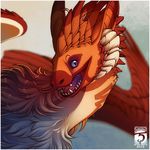  2015 brown_feathers digital_media_(artwork) dragon feathered_dragon feathers gradient_background open_mouth purple_eyes shinerai simple_background smile solo teeth tongue 