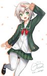  2017 blonde_hair bow bowtie fur_trim green_eyes green_jacket green_skirt hibi_(hibi_orange) highres jacket kantai_collection long_sleeves looking_at_viewer open_mouth pantyhose pleated_skirt red_bow red_neckwear salute shimushu_(kantai_collection) short_hair signature simple_background skirt smile solo white_background white_legwear 