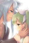  1girl animal_ears arm_grab blue_eyes blue_hair bush close-up closed_mouth couple eyebrows_visible_through_hair facial_mark fox_ears frey_(rune_factory) from_side green_eyes green_hair hair_ribbon hand_in_another's_hair hand_on_another's_cheek hand_on_another's_face hetero leon_(rune_factory) long_hair looking_at_another niduca_(hio_touge) profile ribbon rune_factory rune_factory_4 simple_background smile twintails white_background white_ribbon 