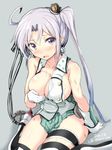  ahoge akitsushima_(kantai_collection) bare_shoulders blush breasts commentary_request covering covering_breasts dated eyebrows_visible_through_hair gin'ichi_(akacia) gloves grey_background kantai_collection large_breasts long_hair looking_at_viewer miniskirt open_mouth purple_eyes shirt side_ponytail simple_background sitting skirt solo sweat torn_clothes torn_shirt torn_skirt uniform white_gloves 