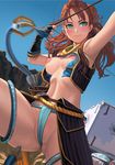  aloy_(horizon) alternate_costume armpits arrow assisted_exposure blue_sky blush bow_(weapon) breasts cameltoe day fingerless_gloves fundoshi gloves green_eyes horizon_zero_dawn japanese_clothes lasterk leg_lift mechanical_tentacles medium_breasts midriff motion_blur navel nipples outdoors pointy_breasts quiver red_hair sky solo sweatdrop torn_clothes vest weapon 