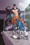  4_toes 5_toes anthro athletic bdsm bed bodily_fluids bucking canid canine canis cum cum_on_bed cumshot duo ejaculation feet fenkey furniture genital_fluids haplorhine harness hotel hotel_room inside kabalca leyonel_sol male male/male mammal masochism monkey primate reins riding rodeo saddle taming text tibolf toes tongue tongue_out whipping whipping_butt wolf 