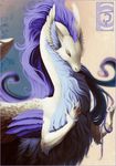  2014 claws digital_media_(artwork) dragon eyes_closed feathered_dragon feathered_wings feathers feral hair purple_hair shinerai solo wings 