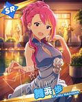  blush card_(medium) character_name dress idolmaster idolmaster_million_live! jewelry long_hair maihama_ayumu necklace pink_eyes pink_hair ponytail shy 