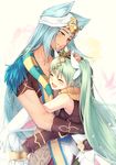  1girl :d ^_^ animal_ears belt blue_eyes blue_hair blush closed_eyes collarbone couple dark_skin ear_clip egyptian egyptian_clothes eyebrows_visible_through_hair facial_mark fox_boy fox_ears fox_tail frey_(rune_factory) from_side gloves gold_trim green_hair hair_between_eyes hair_ribbon hand_on_another's_back hand_on_another's_head hetero highres leon_(rune_factory) long_hair niduca_(hio_touge) open_mouth outstretched_arm outstretched_arms parted_lips ribbon rune_factory rune_factory_4 smile tail twintails very_long_hair white_gloves white_ribbon 