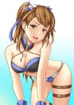  bad_id bad_pixiv_id beatrix_(granblue_fantasy) bent_over bikini blue_bikini breasts brown_eyes brown_hair cleavage gradient gradient_background granblue_fantasy long_hair looking_at_viewer medium_breasts open_mouth ponytail solo swimsuit yasojima_nejiro 