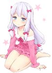  3: bangs barefoot blouse blush bow breasts closed_mouth collarbone embarrassed eromanga_sensei eyebrows_visible_through_hair frills hair_bow hazuki_natsu izumi_sagiri leaning_forward long_hair long_sleeves pajamas pajamas_pull pink_blouse pink_bow pink_shorts shorts simple_background sitting small_breasts solo star starry_background tears thighs twitter_username wariza white_background 