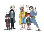  4boys arms_behind_back baggy_pants black_hair blazer body_writing brown_hair chabashira_tenko cravat danganronpa dark_skin dark_skinned_male double-breasted eyes_visible_through_hair full_body gakuran genderswap genderswap_(ftm) genderswap_(mtf) gloves green_eyes hair_over_one_eye hairband hat height_difference highres horned_headwear hoshi_ryouma inahara jacket jewelry leather leather_jacket male_swimwear multiple_boys multiple_girls necklace new_danganronpa_v3 onesie pants ponytail red_eyes red_hair red_shorts ribbon sandals school_uniform short_ponytail shorts simple_background spider_web_print swim_trunks swimwear toujou_kirumi tsurime twitter_username waistcoat white_background white_gloves white_hair witch_hat yellow_jacket yonaga_angie yumeno_himiko 