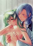  1girl artist_name bishnal_(rune_factory) blue_hair blurry blush breast_grab breasts closed_mouth collarbone crying crying_with_eyes_open depth_of_field frey_(rune_factory) grabbing grabbing_from_behind green_hair hair_ribbon hetero holding_hands long_hair looking_at_another looking_at_viewer medium_breasts navel niduca_(hio_touge) nipples parted_lips purple_eyes ribbon rune_factory rune_factory_4 tears topless twintails white_ribbon 