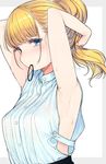  armpits arms_up bangs bare_shoulders blonde_hair blue_eyes blue_shirt blunt_bangs blush breasts buttons eyebrows_visible_through_hair hair_tie hair_tie_in_mouth long_hair looking_at_viewer medium_breasts mole mole_on_arm mole_under_mouth mouth_hold nekoume original ponytail raised_eyebrows shirt side_cutout sideboob simple_background sleeveless sleeveless_shirt solo sweat tying_hair upper_body white_background 