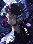  a-line bare_shoulders black_hair blue_eyes collarbone demon_girl detached_sleeves gloves highres horns jewelry lipstick long_hair makeup necklace night original outdoors side_slit sky solo star_(sky) starry_sky wind 