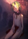  asymmetrical_horns blood blood_stain bloody_clothes brick_wall broken broken_chain broken_horn brown_eyes chain commentary_request eyebrows_visible_through_hair green_hair highres ibuki_notsu injury one_eye_closed original pointy_ears scar scar_across_eye short_hair sitting tears torn_clothes 