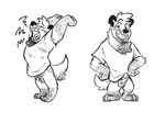  anthro balls bottomless clothed clothing erection flaccid grin hyena male mammal monochrome open_mouth penis riversausage smile solo standing stretching tears yawn 
