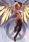  arm_up black_footwear blonde_hair blue_eyes breasts breasts_apart brown_gloves brown_legwear choker elbow_gloves emblem gloves glowing glowing_wings hand_behind_head hand_on_neck high_heels high_ponytail lace leg_up lips logo mechanical_halo mechanical_wings medium_breasts mercy_(overwatch) midriff navel nose overwatch panties parted_lips red_lips revealing_clothes shoes short_hair single_elbow_glove solo spread_wings stomach teeth thighhighs underwear white_panties wings yang_fan yellow_wings 