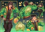  1boy bandaid bandaid_on_face bandaid_on_nose black_gloves black_hair black_hood english_commentary fingerless_gloves gloves green_eyes green_jacket hand_on_own_hip hand_tattoo headset highres jacket lamlun2002 male_focus mortal_kombat_(series) mortal_kombat_1_(2023) open_mouth reptile_(mortal_kombat) reptile_boy single_glove smile tattoo teeth 