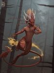  3_toes 4_fingers anthro brown_eyes claws curved_horn day detaield_background digital_media_(artwork) digitigrade dragon featureless_crotch forest horn long_tails male outside shinerai solo toes tree 