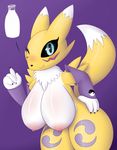  anthro areola big_breasts black_sclera blue_eyes blush breasts canine digimon female fox fur huge_breasts looking_at_viewer mammal milk nipples nude one_eye_closed pandashorts renamon simple_background smile solo tuft video_games white_fur wide_hips wink yellow_fur 