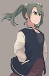  green_eyes green_hair hands_in_pockets harunagi jacket kantai_collection letterman_jacket ribbon simple_background solo twintails white_ribbon wind zuikaku_(kantai_collection) 