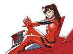  1girl animal_print bodysuit brown_eyes brown_hair cosplay d.va_(overwatch) facepaint facial_mark long_hair neon_genesis_evangelion overwatch plugsuit red_bodysuit red_paint simple_background solo soryu_asuka_langley souryuu_asuka_langley_(cosplay) whisker_markings white_gloves 