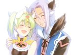  1girl :d ^_^ animal_ears blush breasts closed_eyes eyebrows_visible_through_hair facial_mark formal frey_(rune_factory) green_hair hair_between_eyes hair_ribbon hand_on_another's_shoulder horse_boy horse_ears lavender_hair leon_(rune_factory) long_hair medium_breasts niduca_(hio_touge) open_mouth parted_lips ribbon rune_factory rune_factory_4 sketch smile twintails upper_body white_background white_ribbon 