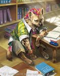  book bracelet brown_eyes bushiroad cardfight!!_vanguard clothed_animal company_name higashi hyena jewelry mohican_hyena multicolored_hair necktie no_humans official_art pen sitting solo 