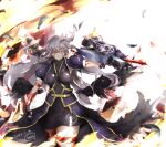  1girl arm_mounted_weapon arm_wrap ban_(777purin) black_dress black_wings breasts cropped_jacket dragon dress explosion facial_tattoo floating_hair grey_hair highres leg_wrap long_hair lyrical_nanoha mahou_shoujo_lyrical_nanoha mahou_shoujo_lyrical_nanoha_a's mahou_shoujo_lyrical_nanoha_the_movie_2nd_a's medium_breasts nachtwal pile_bunker red_bandage red_eyes reinforce serious short_dress solo tattoo waist_cape weapon wings 