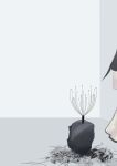  1girl 1other arknights black_hood crack cracked_floor doctor_(arknights) grey_background highres kal&#039;tsit_(arknights) mebe_(teadia_violet) out_of_frame scalp_massager through_ground 
