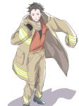  1boy bandaid bandaid_on_face black_gloves boots brown_coat brown_hair brown_pants coat dressing firefighter from_above gloves idolmaster idolmaster_side-m kimura_ryuu male_focus pants parted_lips red_eyes simple_background solo standing uniform white_background 