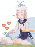  1girl =_= ^_^ alenka animal_on_head bird bird_on_head blue_overskirt blue_ribbon blue_skirt blush closed_eyes commentary_request crossover full_stomach gakuen_idolmaster gameplay_mechanics giving_food grass grey_hair hair_ribbon half_up_braid hatsuboshi_gakuen_school_uniform heart highres idolmaster jacket katsuragi_lilja long_sleeves on_head pleated_skirt poke_biscuit pokemon pokemon_(creature) pokemon_on_head pokemon_sleep puff_of_air ribbon ribbon_braid school_uniform seiza shirt sitting skirt smile solo swablu white_jacket white_shirt 