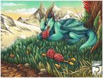  2014 blue_eyes curved_horn day detailed_background dragon feral grass horn lying membranous_wings outside scalie shinerai sky solo traditional_media_(artwork) tree western_dragon wings 