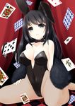  animal_ears black_hair black_leotard bow bowtie breasts bunny_ears bunnysuit cane card cleavage covered_navel fishnet_pantyhose fishnets green_eyes highres large_breasts leotard long_hair original pantyhose playing_card pout sitting solo strapless strapless_leotard tukiyofree wariza wrist_cuffs 