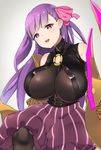  :d arm_at_side baggy_shorts bangs bare_shoulders black_collar blunt_bangs breasts brown_legwear buckle claws cleavage collar collarbone corset cowboy_shot detached_sleeves eyelashes fate/extra fate/extra_ccc fate/grand_order fate_(series) grey_background hair_ribbon hand_up head_tilt highres huge_breasts leg_up long_hair looking_at_viewer o-ring o-ring_top okamen open_mouth pantyhose passion_lip pink_eyes pink_ribbon purple_hair purple_shirt ribbon shirt shorts shoulder_cutout side_ribbon simple_background skin_tight skindentation sleeveless smile solo standing standing_on_one_leg striped tsurime vertical-striped_shorts vertical_stripes 