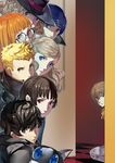  5boys akechi_gorou amamiya_ren around_corner black_hair blonde_hair blue_eyes blue_hair braid brown_eyes brown_hair commentary_request crown_braid glasses gloves graphite_(medium) hat highres kitagawa_yuusuke long_hair looking_at_viewer morgana_(persona_5) multiple_boys multiple_girls nanaya_(daaijianglin) niijima_makoto okumura_haru orange_hair peeking persona persona_5 red_eyes sakamoto_ryuuji sakura_futaba short_hair smile spoilers takamaki_anne traditional_media twintails yellow_eyes 