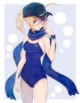  ahoge alternate_costume amami_amayu artoria_pendragon_(all) bare_arms bare_shoulders baseball_cap blonde_hair blue_scarf blue_swimsuit blush breasts competition_school_swimsuit fate/grand_order fate_(series) hair_between_eyes hat highres jockey looking_at_viewer medium_breasts mysterious_heroine_x one-piece_swimsuit open_mouth plaid plaid_scarf ponytail scarf simple_background solo swimsuit water wet wet_clothes 