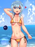  1girl :d alternate_eye_color alternate_hair_color arm_behind_head arm_up armpits ass_visible_through_thighs bare_arms bare_shoulders bikini blue_eyes blue_hair blue_sky blush breasts cloud collarbone commentary_request cowboy_shot day heart highres horizon komeiji_koishi looking_at_viewer medium_breasts micro_bikini navel ocean open_mouth outdoors side-tie_bikini sky smile solo stomach swimsuit third_eye touhou yellow_bikini yonaga_(masa07240) 