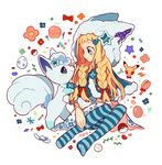  alolan_form alolan_vulpix auko baseball blonde_hair blue_legwear braid fox full_body hair_ornament hairclip lillie_(pokemon) long_hair looking_at_another no_shoes poke_ball pokemon pokemon_(anime) pokemon_(creature) pokemon_sm_(anime) sitting smile striped striped_legwear vulpix white_fur 