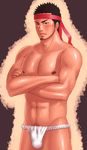  1boy bara blush bulge crotch headband looking_at_viewer male_focus muscle solo underwear unplugged_line 