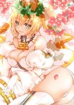  ahoge ass bad_id bad_pixiv_id bangs bare_shoulders blonde_hair blush breasts chain cleavage closed_mouth commentary_request elbow_gloves fate/extra fate/extra_ccc fate_(series) flower gloves green_eyes highres large_breasts laurel_crown lock looking_at_viewer lying nero_claudius_(bride)_(fate) nero_claudius_(fate)_(all) on_side padlock panties petals sheepd smile solo thighhighs underwear veil white_gloves white_legwear white_panties white_sleeves zipper_pull_tab 