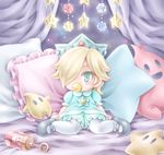  1girl baby baby_rosalina blush chiko_(mario) crown full_body hair_over_one_eye jewelry mario_series pacifier pillow porocha rattle shoes short_sleeves sitting star star_bit stuffed_animal super_mario_galaxy wariza 