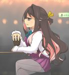  alcohol bar black_hair blue_bow blue_eyes blurry bow crossed_legs cup depth_of_field drinking_glass exit_sign fang from_side grey_legwear hair_ribbon highres holding holding_cup ice ice_cube indoors kantai_collection long_hair macbail multicolored_hair naganami_(kantai_collection) pantyhose pink_hair ribbon seamed_legwear side-seamed_legwear sitting skirt solo stool two-tone_hair very_long_hair vest wavy_hair yellow_ribbon 