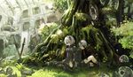  1girl akatsukiame back-to-back black_legwear blindfold commentary_request grass moss nier_(series) nier_automata planted_sword planted_weapon short_hair silver_hair sitting sword tree weapon yorha_no._2_type_b yorha_no._9_type_s 