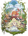  beard blonde_hair closed_eyes dress facial_hair floating_hair flower gloves haccan hair_flower hair_ornament hands_clasped harp highres holding holding_sword holding_weapon instrument kneeling long_hair looking_at_viewer official_art outdoors own_hands_together ponytail rainbow red_hair robot seiken_densetsu smile standing sword very_long_hair water waterfall weapon 