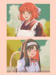  2girls absurdres black_hair blue_eyes blurry blurry_background border brown_border colored_inner_hair commentary english_commentary ezekquel hairband highres kohaku_(tsukihime) long_hair looking_at_viewer maid multicolored_hair multiple_girls on_chair one_eye_closed open_mouth outside_border red_hair teeth tohno_akiha tsukihime two-tone_hair upper_teeth_only white_hairband yellow_eyes 