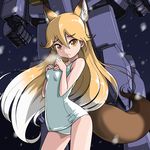  animal_ears blonde_hair breasts contrapposto cowboy_shot crossover ezo_red_fox_(kemono_friends) fox_ears fox_tail gundam kemono_friends long_hair looking_at_viewer mecha mobile_suit_gundam old_school_swimsuit one-piece_swimsuit rohitsuka rx-78-2 school_swimsuit small_breasts standing swimsuit tail white_school_swimsuit white_swimsuit 